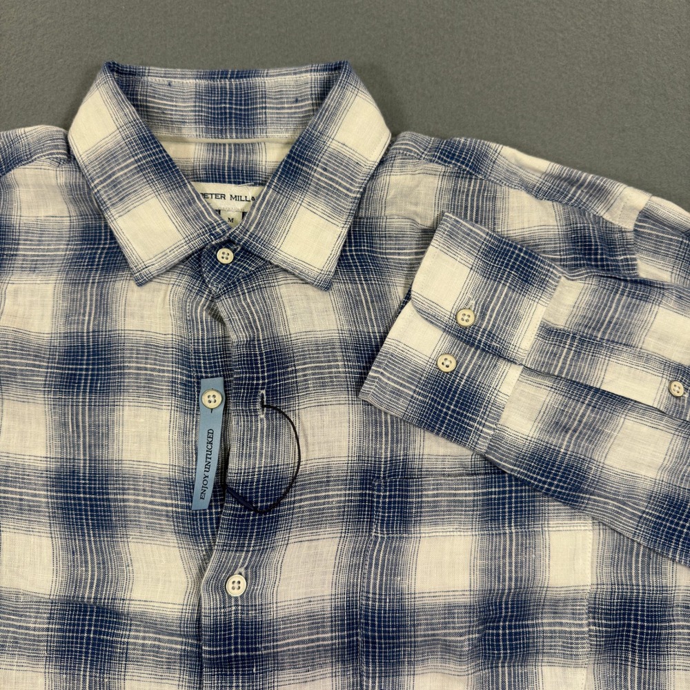 New Peter Millar Crown Sport Mens Blue White Plaid 100% Linen Shirt Size M